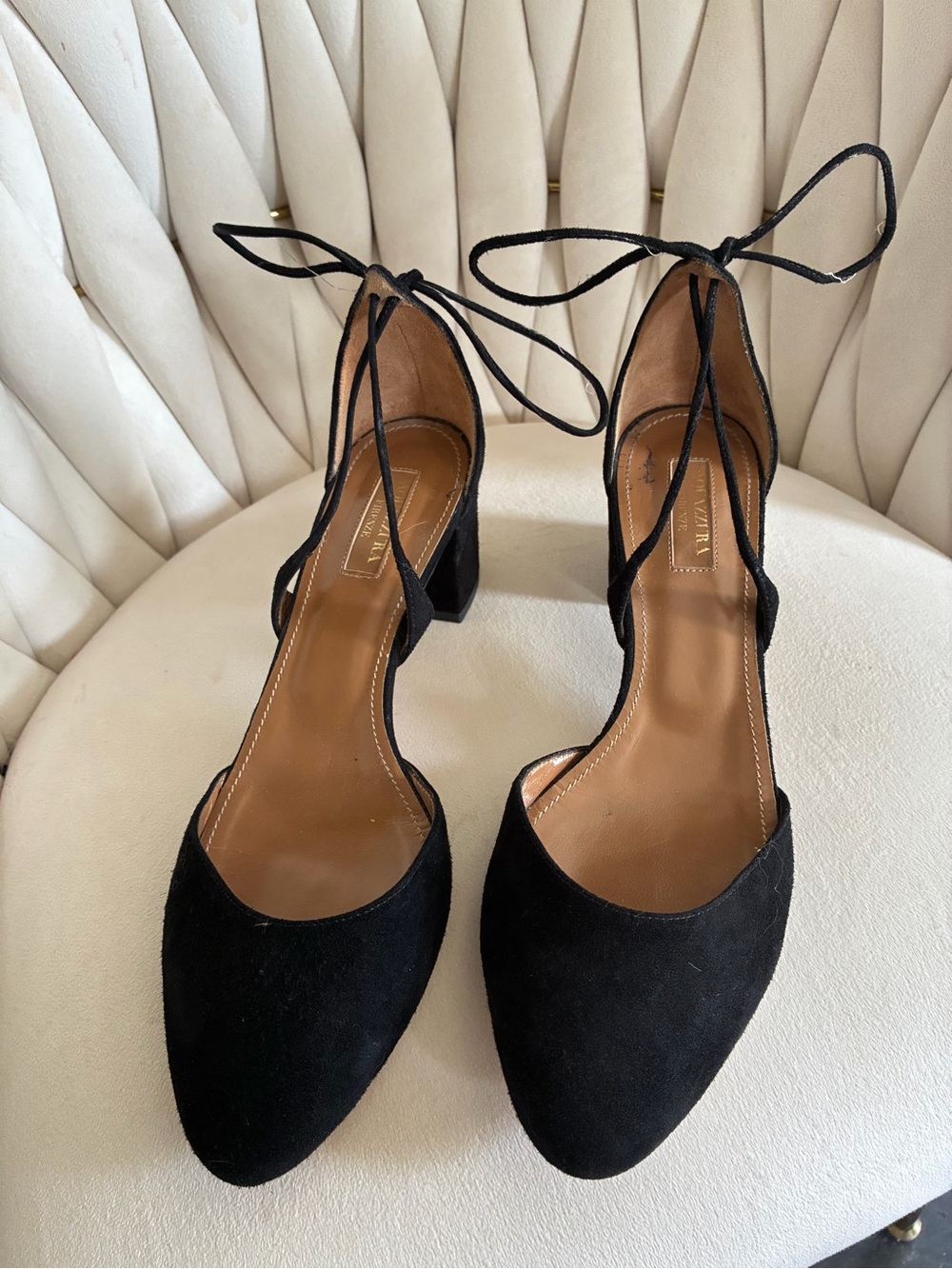Aquazzura Black Suede Ankle-Tie Block Heel Pumps